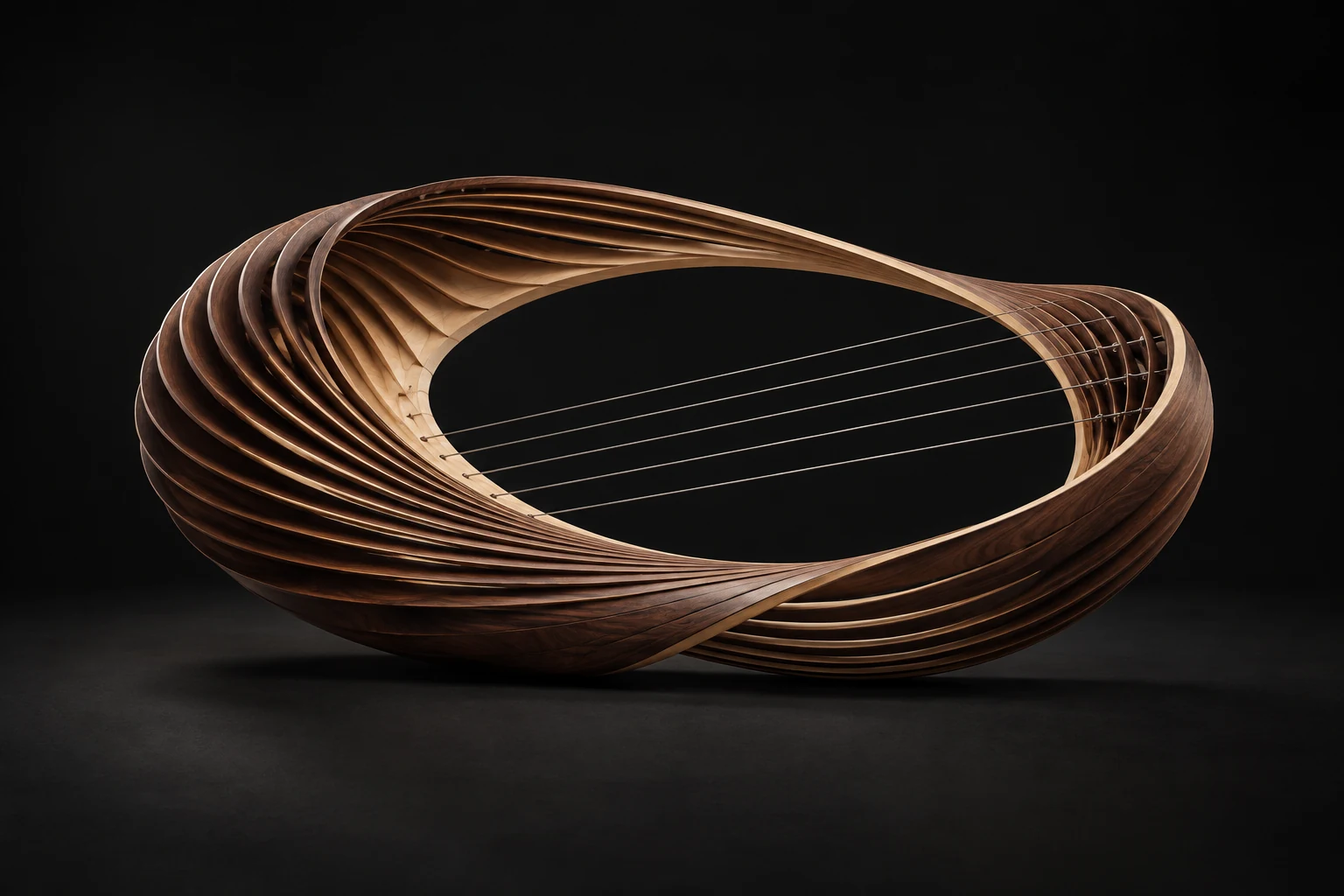 An organic walnut acoustic sculpture with layered wooden ribs and fine strings, representing musical resonance