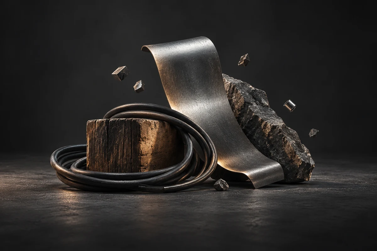 A sculptural arrangement of metal, wood, stone and cable, representing sound design source materials