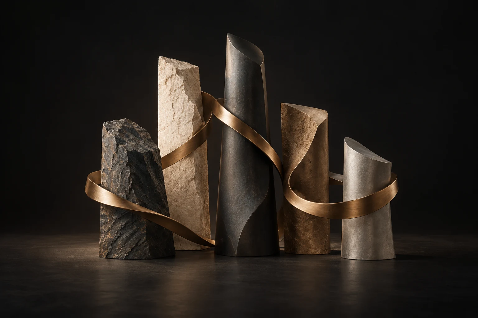 Five distinct sculptural forms connected by one bronze ribbon