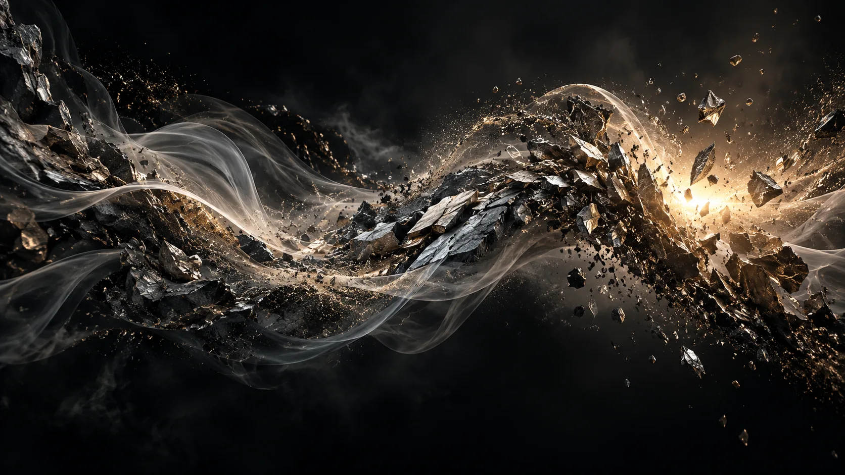 Sculptural metallic particles and smoke in a cinematic impact