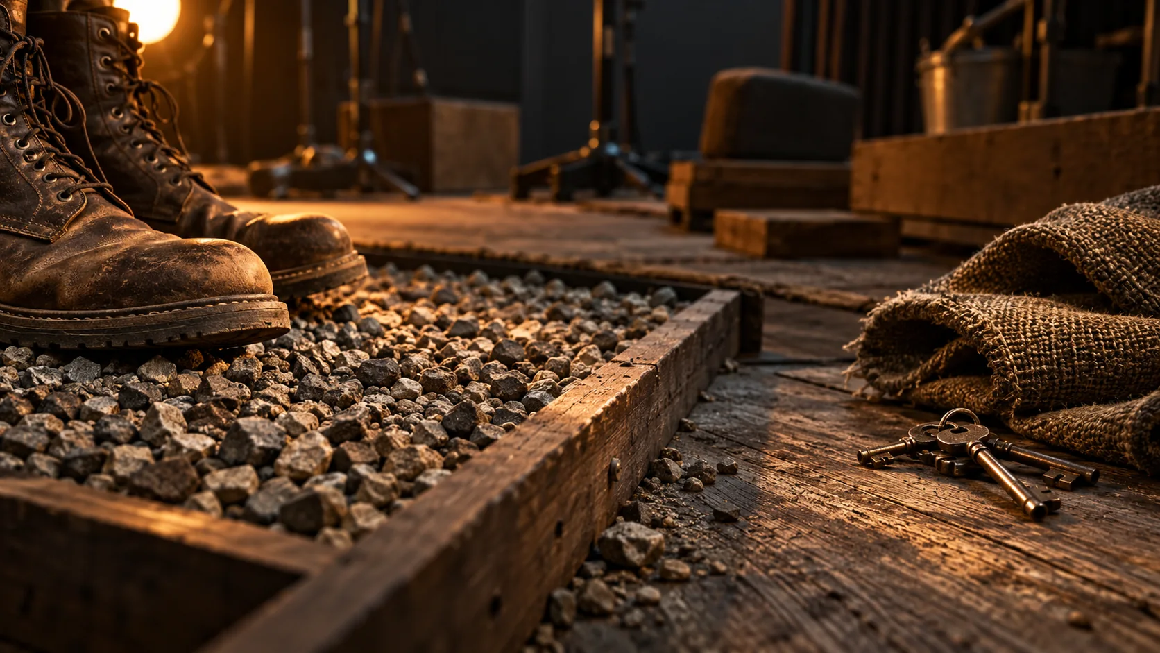 Textured objects and materials in a warmly lit foley studio