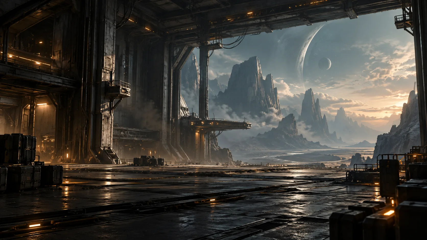 An industrial science-fiction environment opening onto an alien landscape
