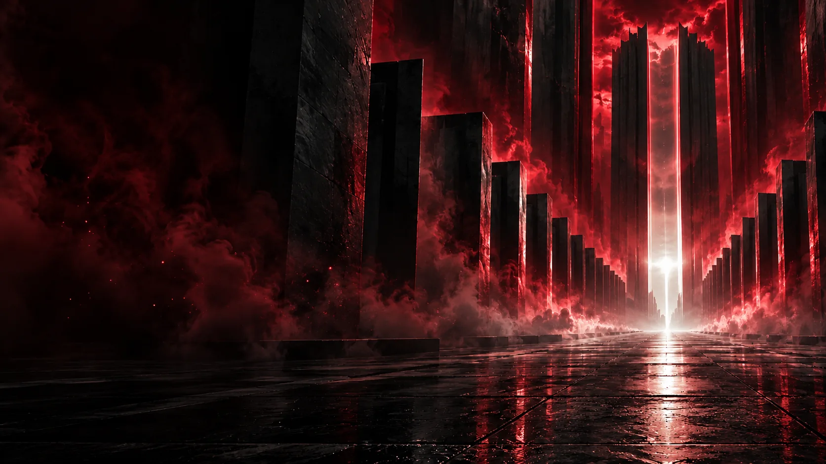 A dramatic architectural corridor with rising amber light and atmospheric particles