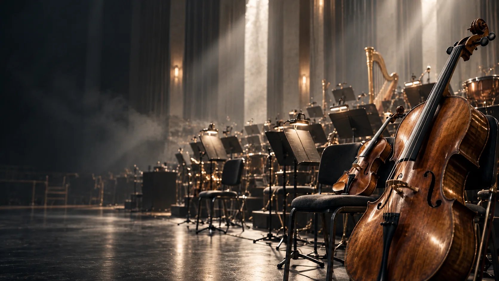 Strings and music stands in an atmospheric orchestral scoring stage
