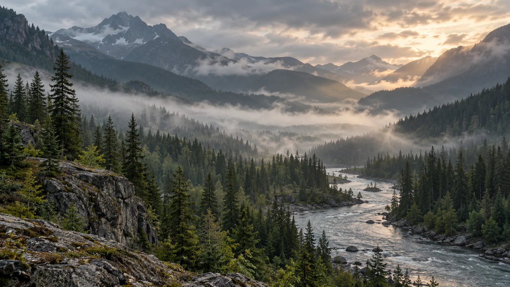 A forested mountain valley and river in morning mist