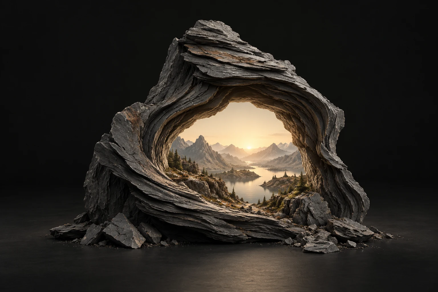 A layered slate sculpture opening onto a miniature cinematic mountain world